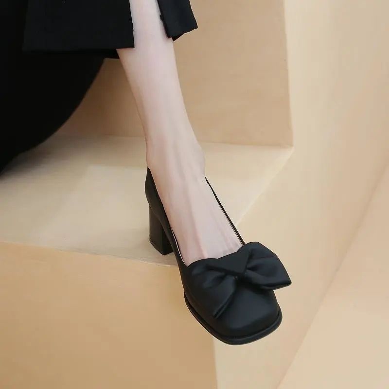 Giày Cao Gót Da Mềm Mũi Vuông Đính Nơ Phong Cách Retro Pháp