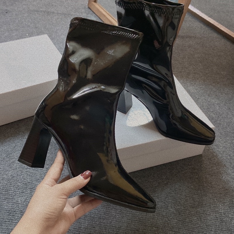 (HÀNG LOẠI 1- ẢNH THẬT) Bốt nữ cổ thấp da bóng đế giả gỗ cao cấp PunShoes.