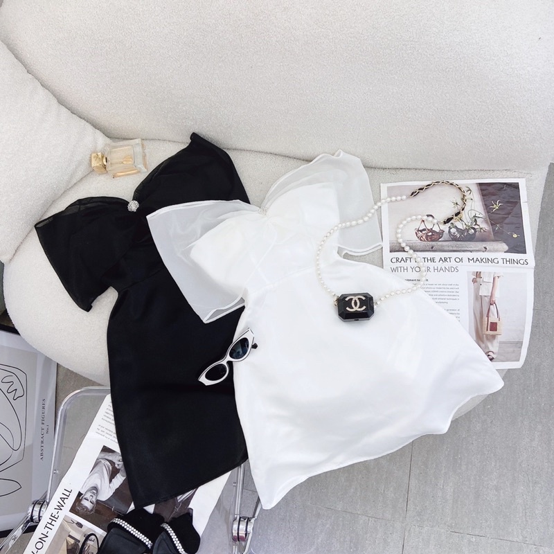 ĐẦM XOÈ BỆT VAI ĐI TIỆC PHỐI VOA ĐÍNH ĐÁ HOA TRẮNG/ ĐEN KTGIMI (Kèm Ảnh Thật)