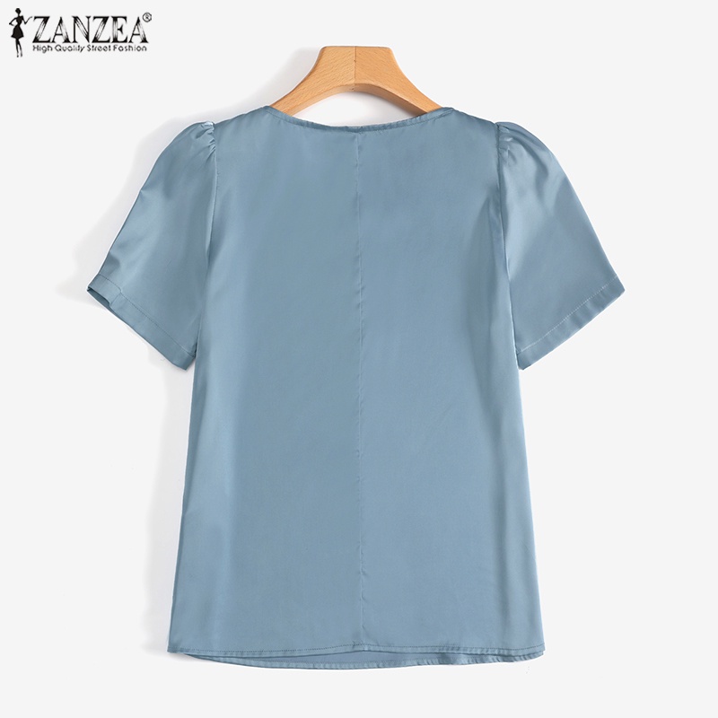 Áo sơ mi ZANZEA satin tay ngắn cổ chữ V phong cách Hàn Quốc xinh xắn dành cho nữ