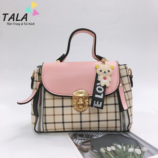 Túi xách tay , đeo chéo nữ kẻ caro Kèm Móc Gấu Xinh