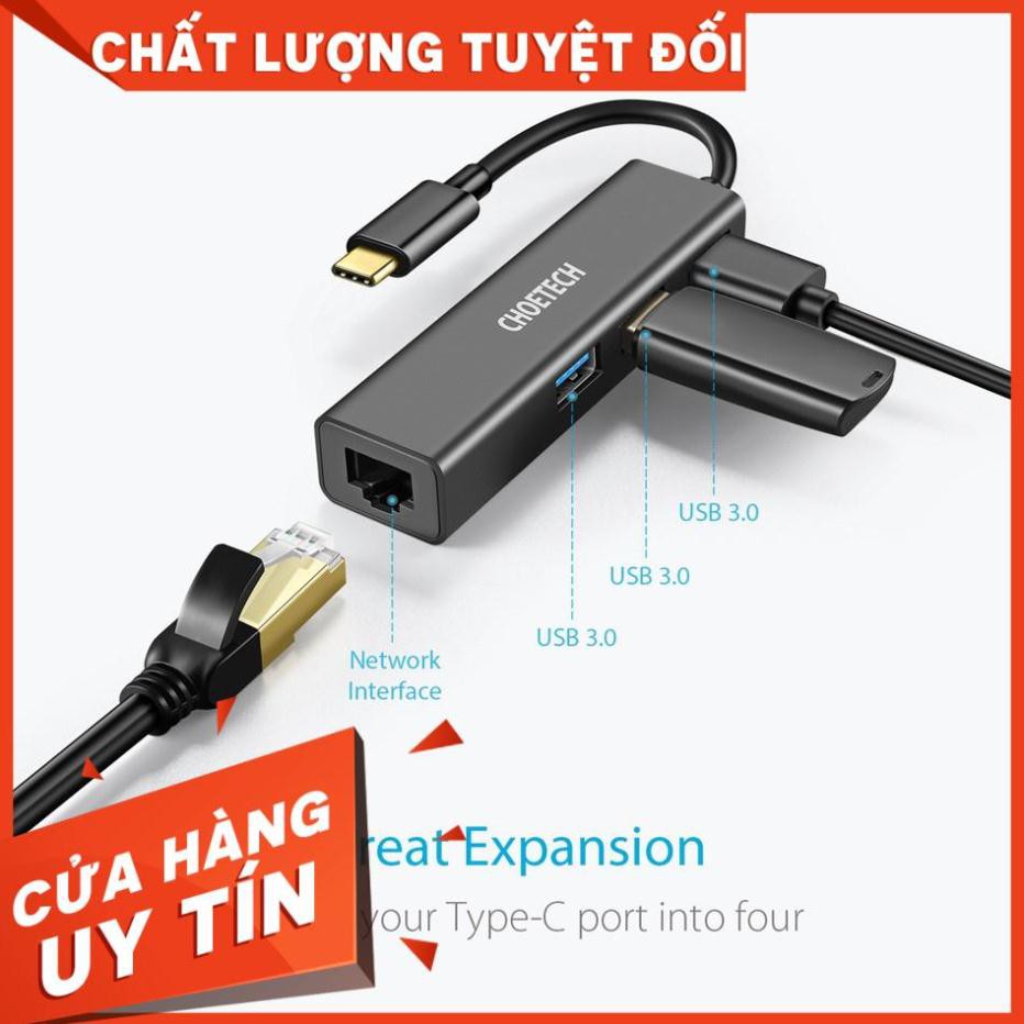 Hub Adapter chuyển đổi 4 in 1 Type-C ra 3 cổng USB 3.0 & cổng LAN RJ45 hiệu CHOETECH U02BK dùng cho Macbook / Laptop