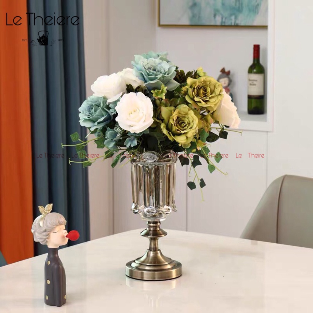 Bình Hoa Thủy Tinh Lọ Cắm Hoa Pha Lê Cao Cấp Đế Đồng Decor Châu Âu BL05