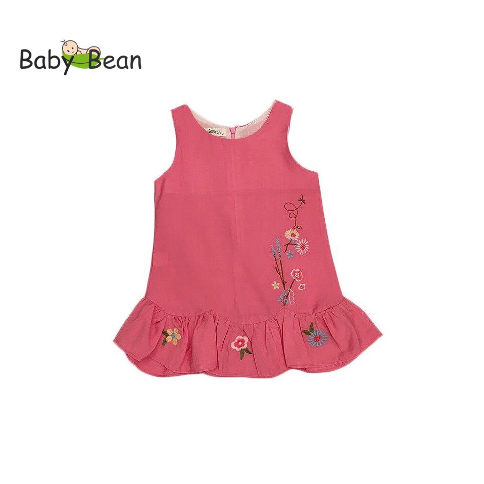 Đầm Đũi Tơ Lượn Bèo thêu Hoa Bé Gái BabyBean