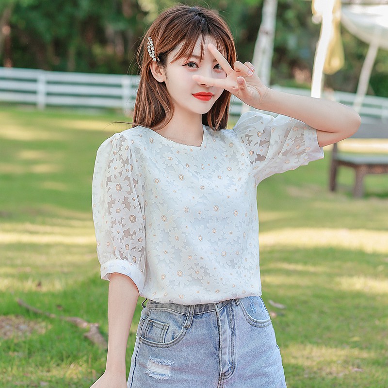 Korean Floral Print Cute Casual Blouse Women Summer Lantern Short Sleeve Top White | BigBuy360 - bigbuy360.vn