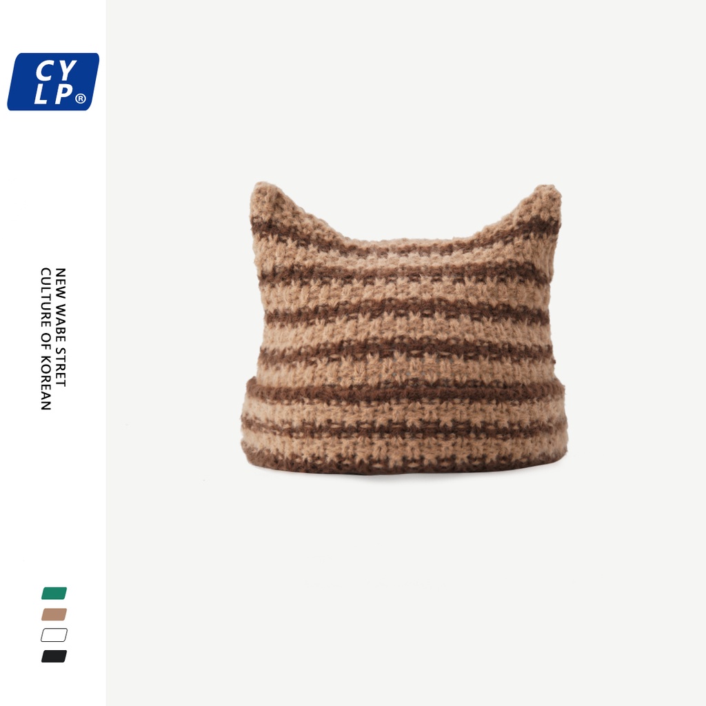 Mũ Len Kẻ Sọc Đính Tai Mèo Dễ Thương Thời Trang Thu Đông Cho Nữ