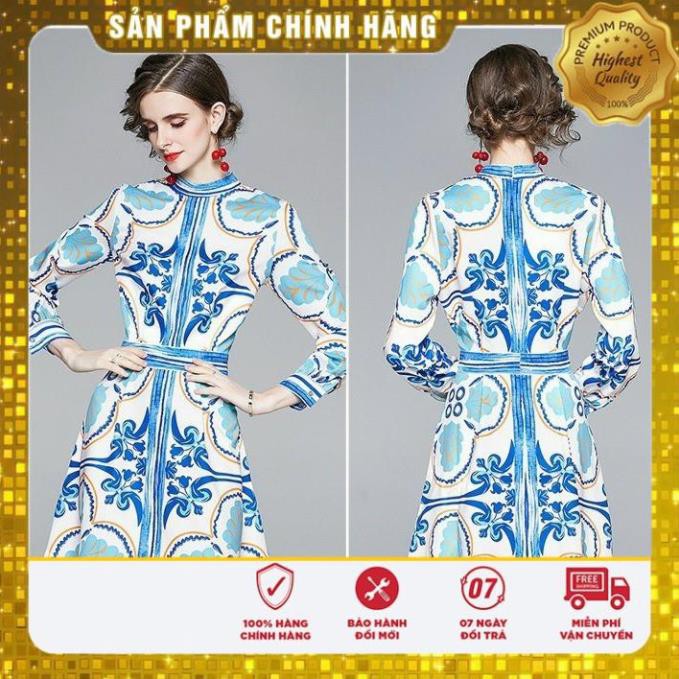 [HÓT HÓT] ĐẦM XÒE LỤA SƠ MI CỔ TRỤ HOA VĂN XANH SIÊU XINH - LCT82425