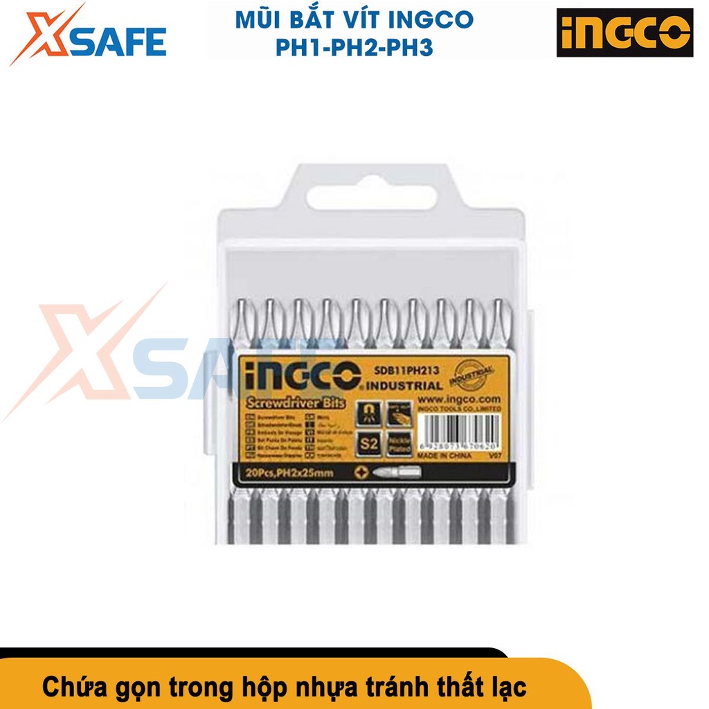 Mũi bắt vít INGCO đầu vít PH1-PH2-PH3 dài 25mm, chất liệu thép công nghiệp S2 mạ niken, không gỉ [CHÍNH HÃNG][XSAFE]