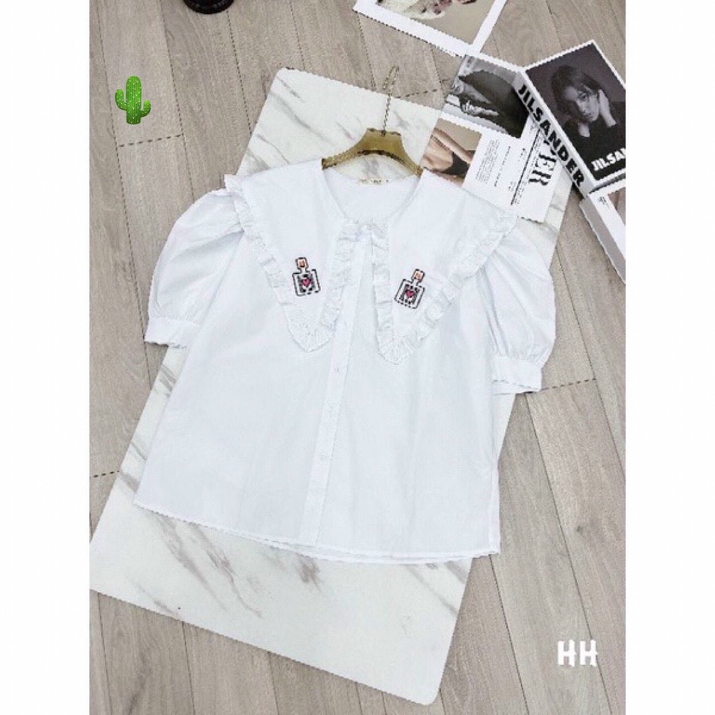 Áo sơ mi cổ sen phối bèo thêu nước hoa tay ngắn form rộng vải kate trắng thời trang Hàn Quốc thanh lịch dễ thương