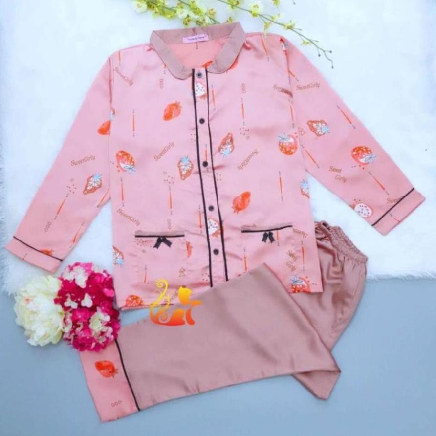 Đồ Mặc Nhà Pijama Satin Lụa Tay Dài Cao Cấp - "Cổ trụ nằm Trái Dâu" Siêu Mát - Dưới 60kg  ཾ ྇ ྇  ཾ  ཾ  ༷ ❕