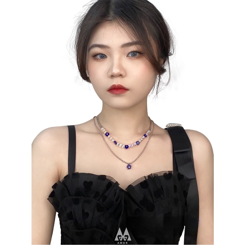 Vòng cổ Nữ Hai Lớp Mặt Hình Bông Hoa Thủy Tinh Màu Xanh Dương