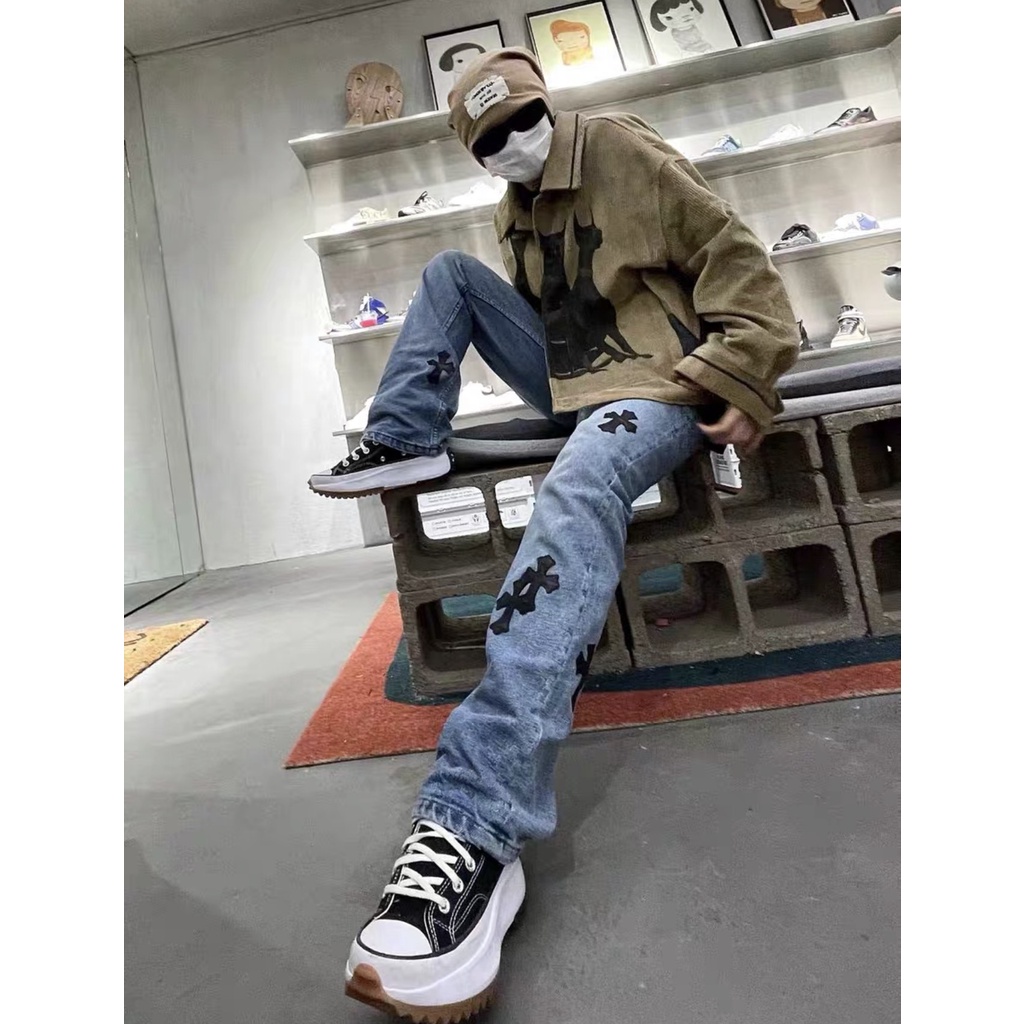 Quần jean baggy nam nữ Chrome Hearts quần jeans ống suông thánh giá xanh màu xanh unisex Kun Shop