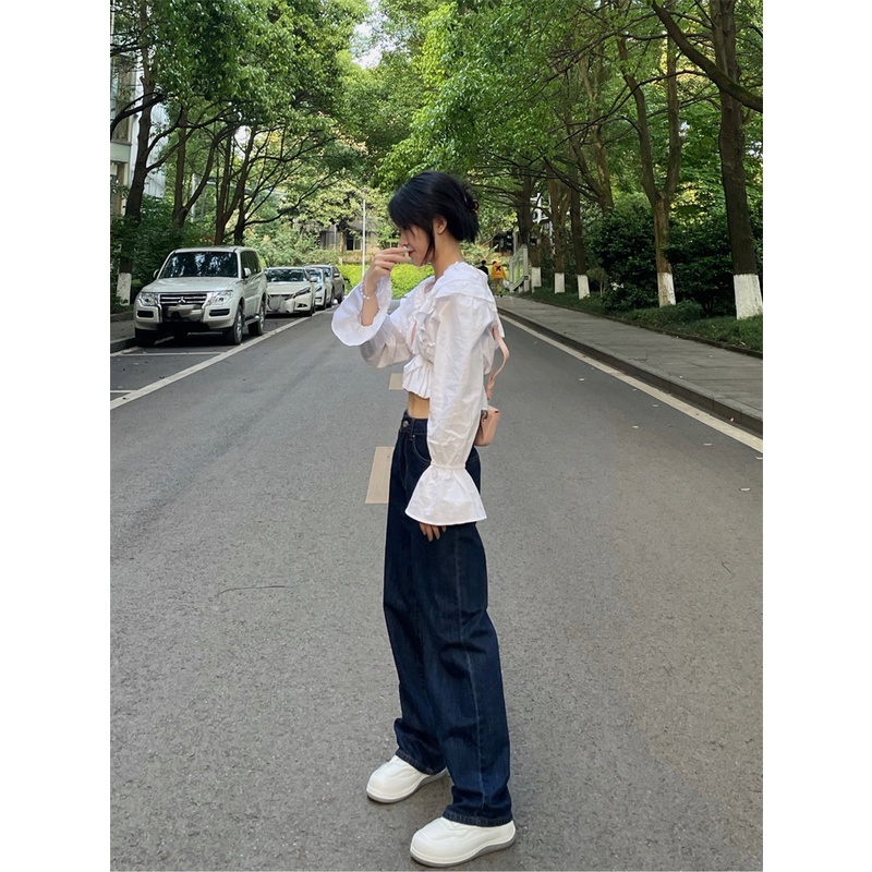 Xiaozhainv Quần jean ống rộng lưng cao phong cách vintage Hàn Quốc trẻ trung