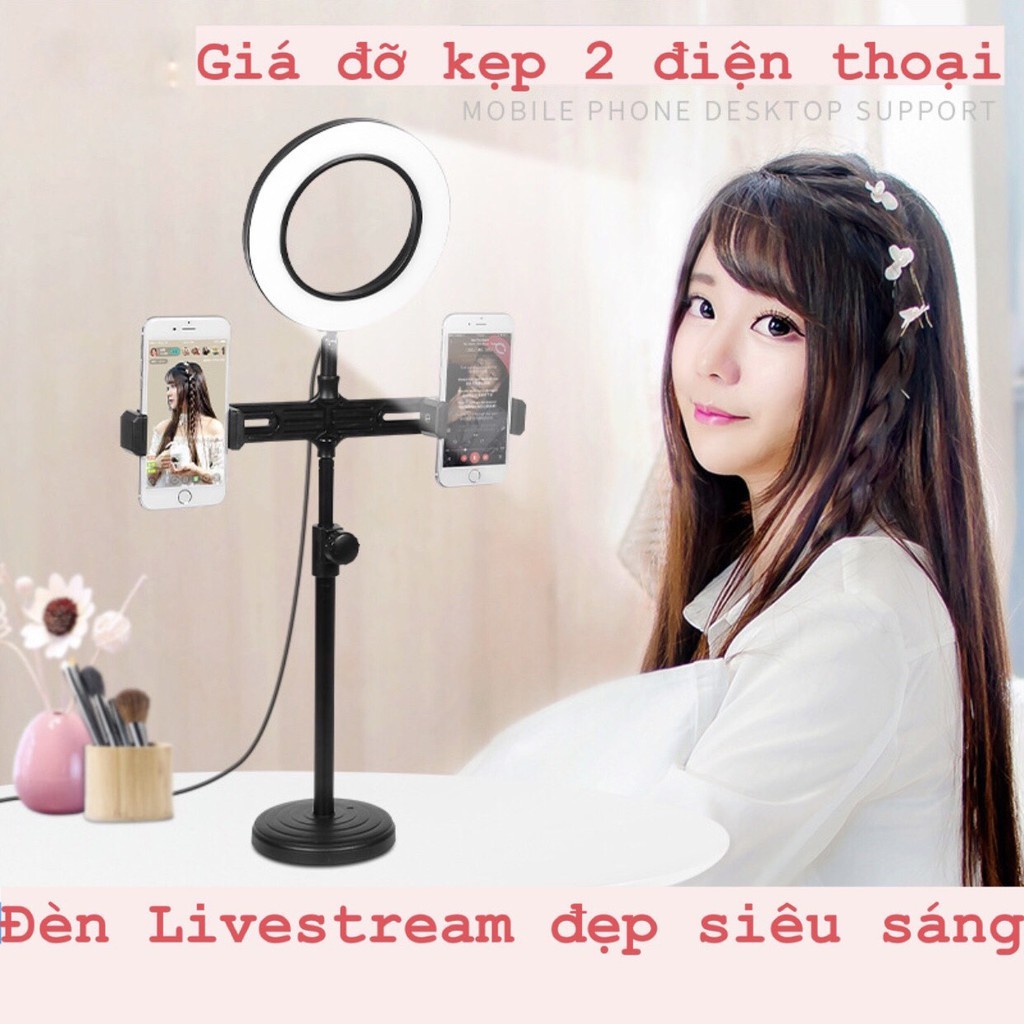 Giá Đỡ 2 Điện Thoại kèm Đèn livestream để bàn cao 16 cm hỗ trợ quay tiktok, bán hàng, make up, chụp hình 099 DK 099