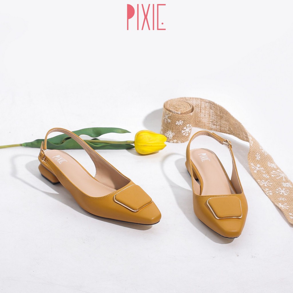 Giày Búp Bê 2cm Hở Gót Mũi Vuông Khóa Vuông Màu Đen Pixie X450