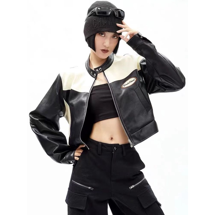 Áo Khoác Da PU Cổ Đứng Phối Khóa Kéo Thêu Họa Tiết Thời Trang Mùa Thu Cho Nữ