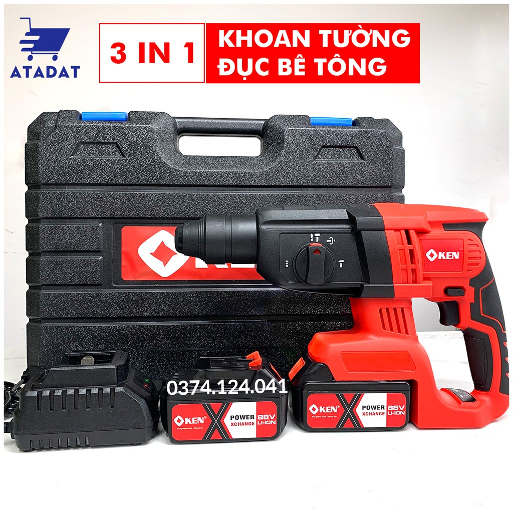 Máy Khoan đục Bê tông dùng pin KEN 88V 3 chức năng - Pin 10 CELL - Động cơ từ - Máy Khoan Có Búa - Khoan Pin Không than