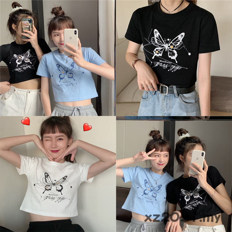 Áo Croptop Tay Ngắn Hoạ Tiết Bướm Phong Cách Hàn Quốc Đáng Yêu Cho Nữ