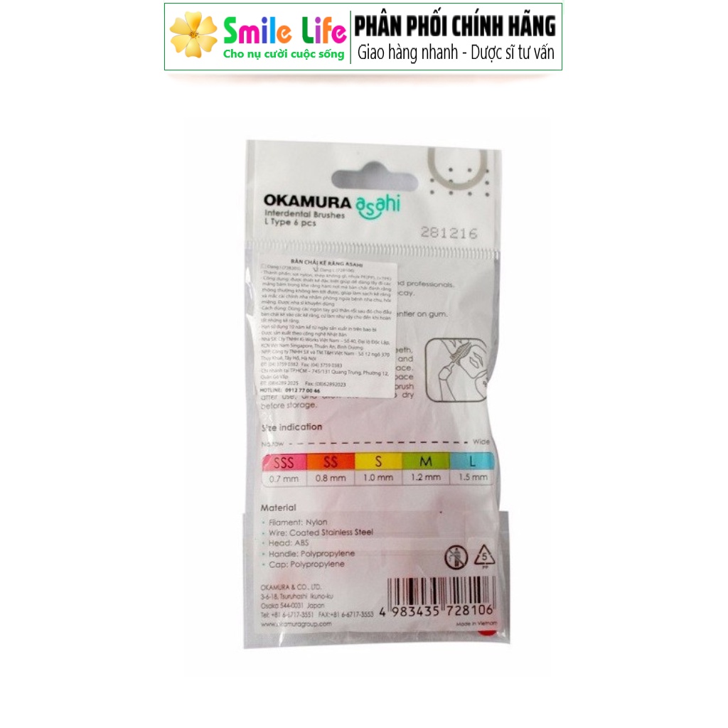 SMILE LIFE | 1 Gói Bàn Chải Kẽ Răng Dạng L Okamura Asahi - 6 Cây Size SSS - Cho Người Niềng Răng Chỉnh Nha