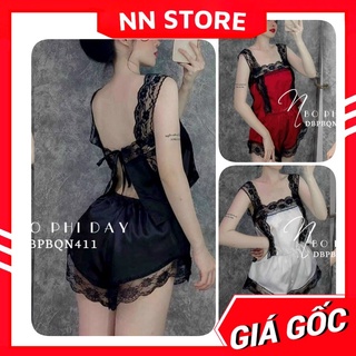 Đồ bộ ngủ nữ sexy chất phi bóng mềm mát phối ren cột nơ sau dễ thương BPT411