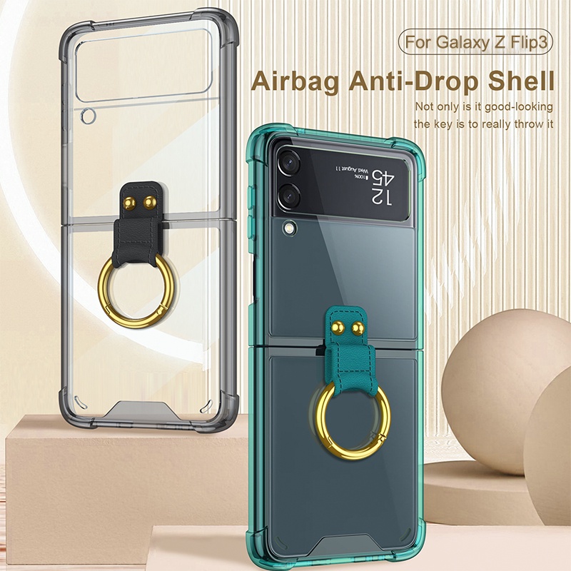 Ốp điện thoại silicone mềm trong suốt có túi khí chống rơi/chống sốc có giá đỡ dạng nhẫn cho Samsung Galaxy Z Flip 3