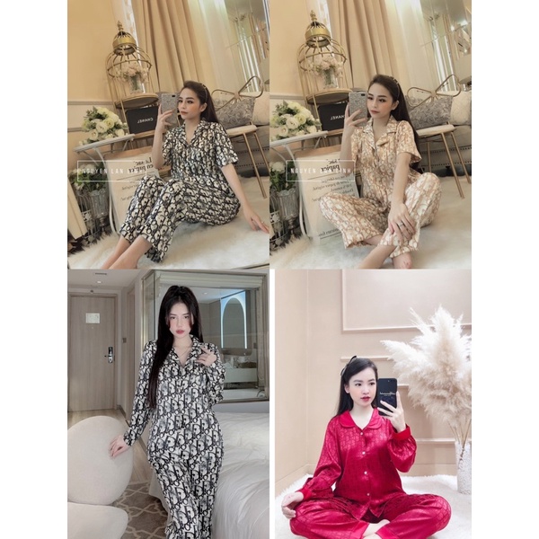 Đồ bộ đồ mặc nhà- Pijama Nữ Cổ Truyền Thống Tay Dài Thiết Kế Hoạ Tiết DIOR Ẩn chất liệu gấm mềm cao cấp