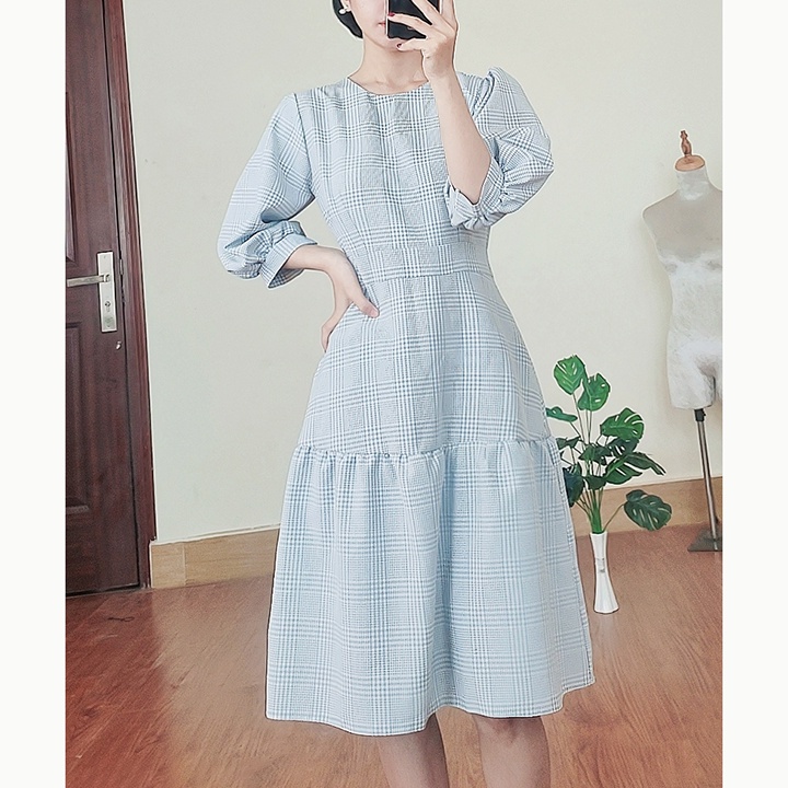 Đầm caro dạo phố, đầm công sở dáng xoè tay phồng RD008