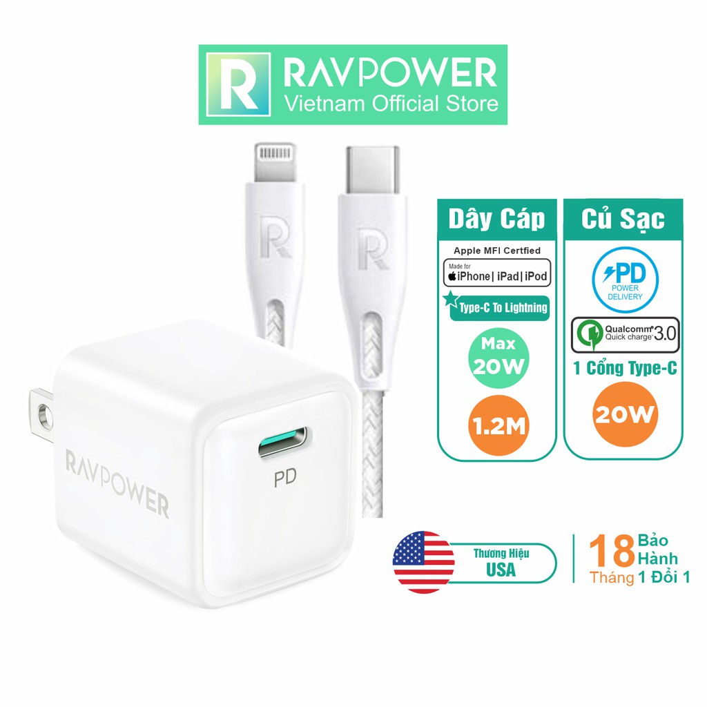 Combo Củ Sạc Nhanh iPhone iPad RAVPower RP-PC150 20W Và Cáp TypeC to Lightning MFI C94 20W 1m RP-CB1004-W -Hàng Chính H