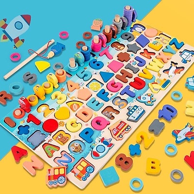 Bộ Bảng Gỗ Câu Cá Và Ghép Hình Học, Chữ Số, Chữ Cái, Phương Tiện cho bé, 5 in 1, 6 in 1, 7 in 1