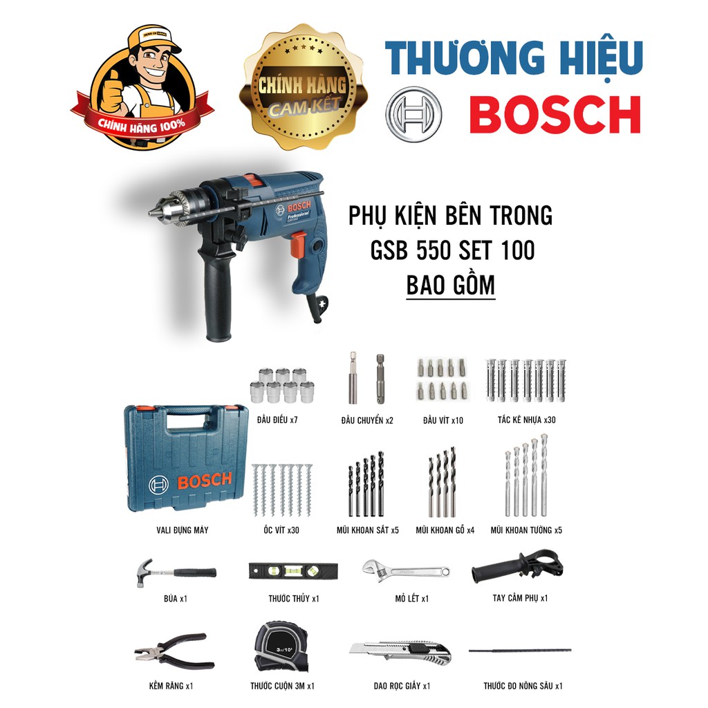 Máy khoan cầm tay Bosch chính hãng gsb550,Khoan bê tông 13mm vali 100 chi tiết.