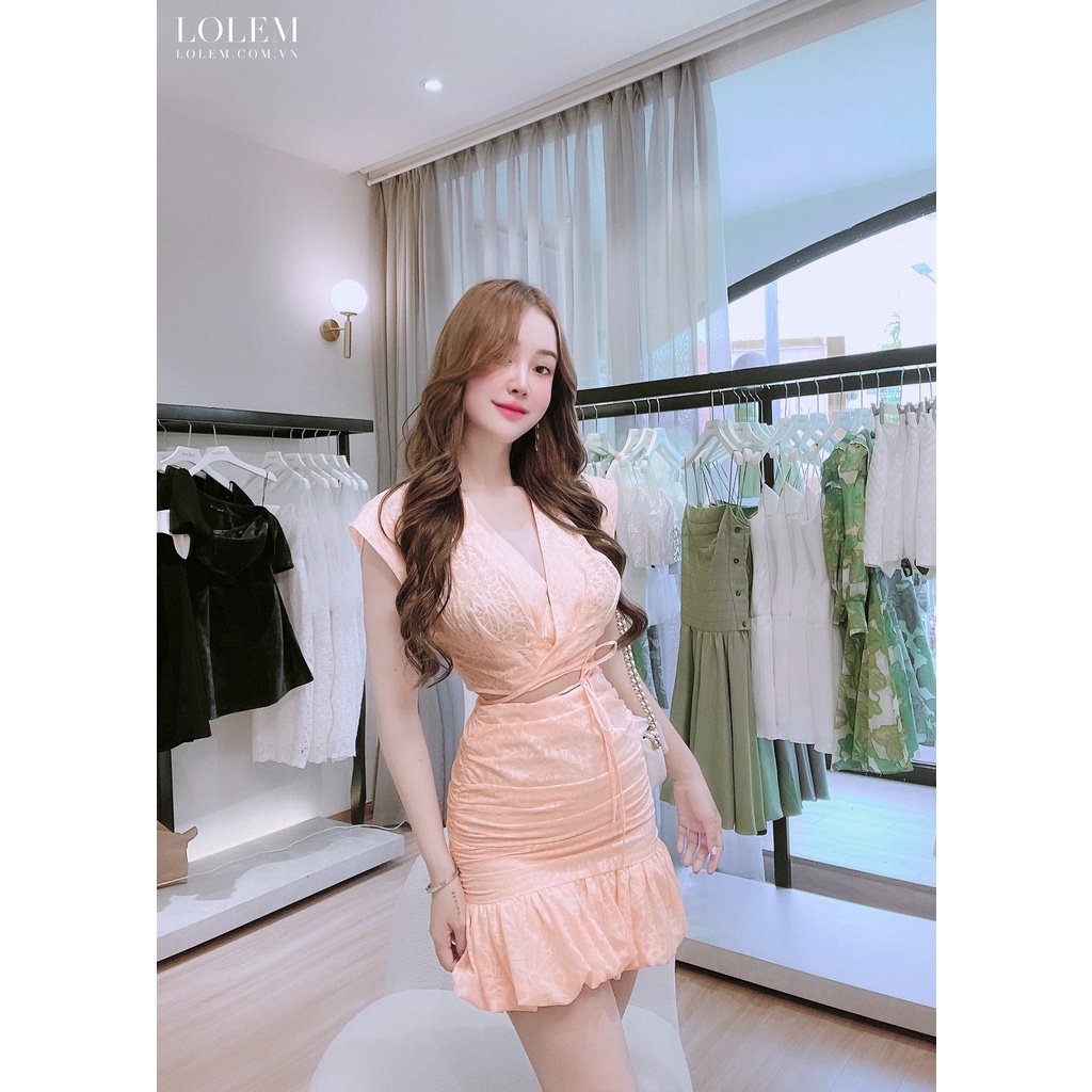 Set váy áo croptop LOLEM SV226 thiết kế cổ V xếp không tay kèm chân váy rút nhún đuôi cá