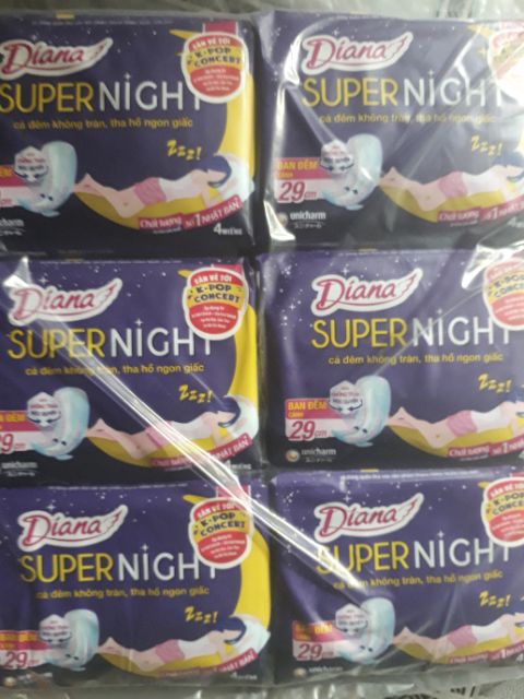 Băng vệ sinh Diana super night 29cm, ban đêm, combo 6 gói