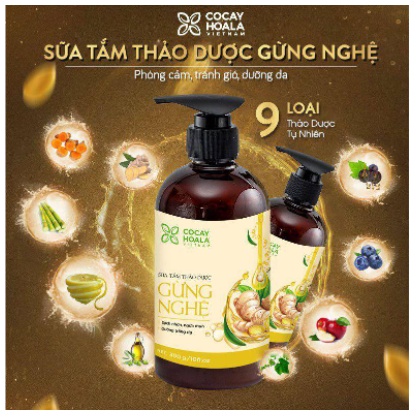 Tặng Bông Tắm - Sữa Tắm Thảo Dược Gừng Nghệ Cocayhoala sáng da ngừa thâm giảm mụn lưng giữ ấm cơ thể Chai 450gr