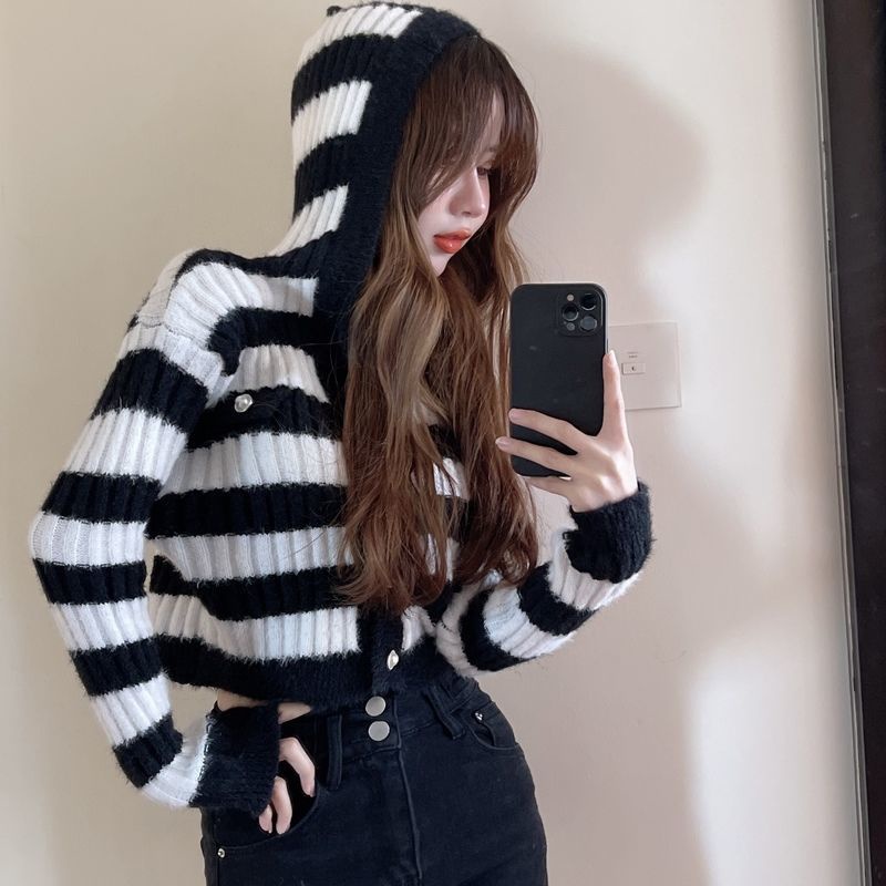 Áo Khoác Cardigan Dệt Kim Tay Dài Có Mũ Trùm Đầu Hoạ Tiết Kẻ Sọc Phong Cách Hàn Quốc Mới