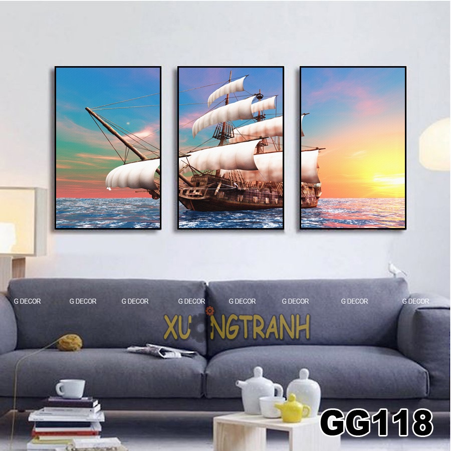 Tranh treo tường canvas 3 bức phong cách Bắc Âu 35, tranh biển trang trí phòng khách, phòng ngủ, phòng ăn, spa, cửa hàng