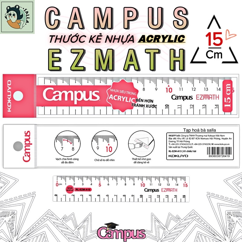 1 Cây Thước Kẻ 15 cm nhựa Acrylic CAMPUS EZMATH ( RL-EZM-A15 )