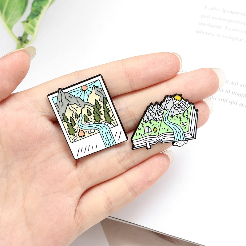 Snow mountain photo brooch forest sun badge Alaska landscape pin adventure jewelry nature lover gift travel accessory Brooches