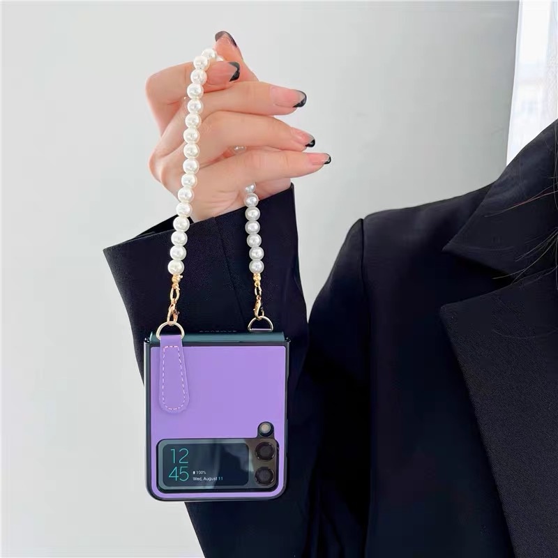 Bao Da Điện Thoại PU Dạng Gập Chống Sốc Có Dây Xích Cho Samsung Galaxy Z Flip 3 Flip1/2