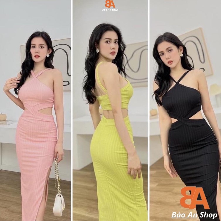 Đầm body cổ yếm trễ vai khoét eo kiểu mới gợi cảm chất vải thun gân len 4 chiều FreeSize (Bảo An Shop Hot)