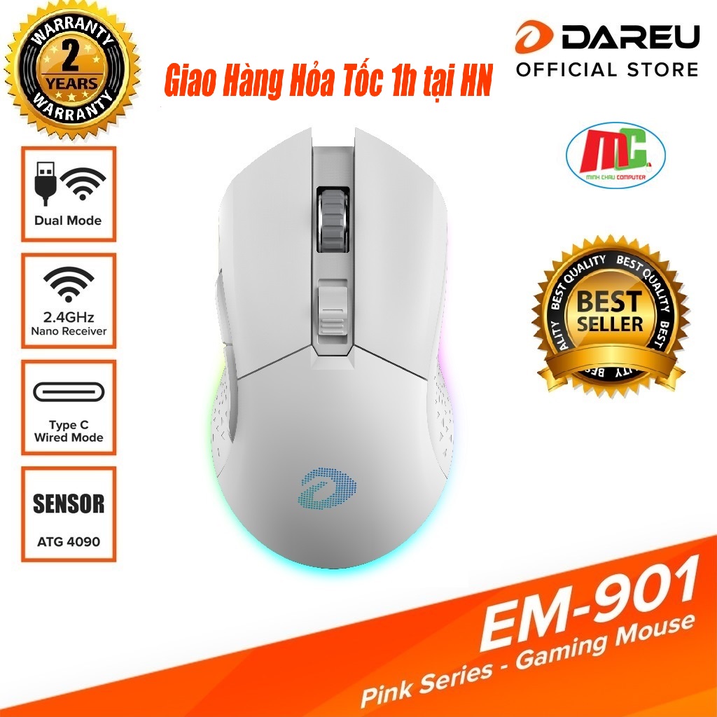 Chuột Không Dây Dareu EM901 White (Pin Sạc) - Hàng Chính Hãng