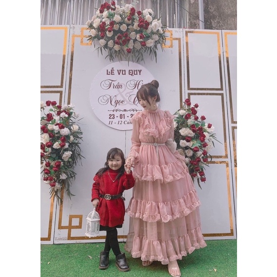 G1- đầm voan tầng bèo kín cổ, tay dài, màu hồng