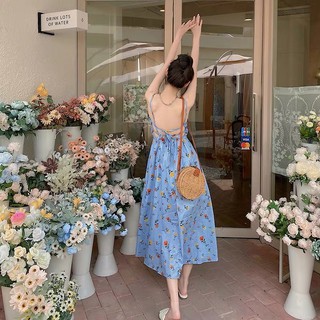 Váy hai dây maxi xanh hoa đi biển hở lưng dễ thương ulzzang Hàn Quốc [Yannie]