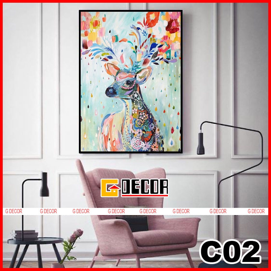 Tranh treo tường canvas 1 bức phong cách hiện đại Bắc Âu, tranh hươu tài lộc trang trí phòng khách, phòng ngủ, spa C02