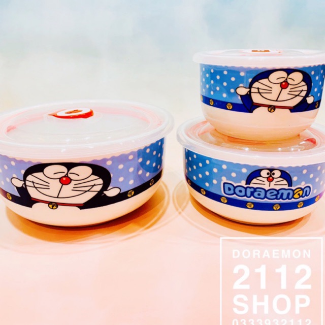 Combo 3 chén - Tô sứ có nắp Doraemon