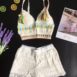 Bộ len móc đi biển(2 màu trắng và kem)