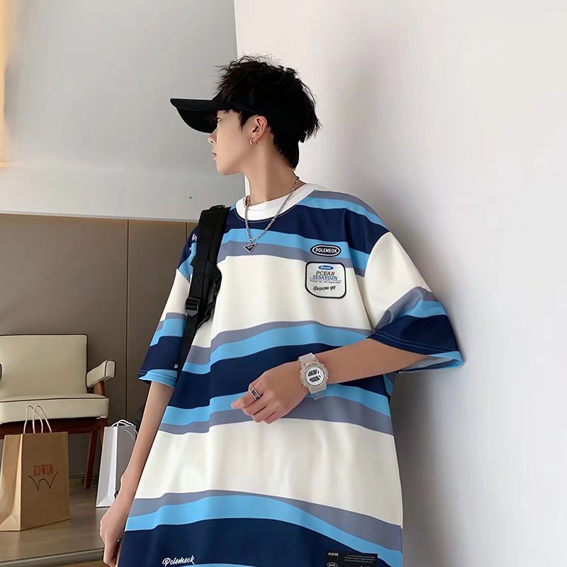 Áo Thun Ngắn Tay Họa Tiết Sọc Màu Sắc Tương Phản Thời Trang Cho Nam