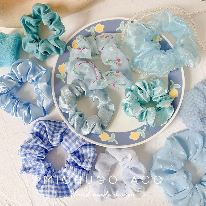 Dây thun scrunchies cột tóc đuôi ngựa tông màu xanh ngọt ngào dành cho nữ thời trang Hàn Quốc