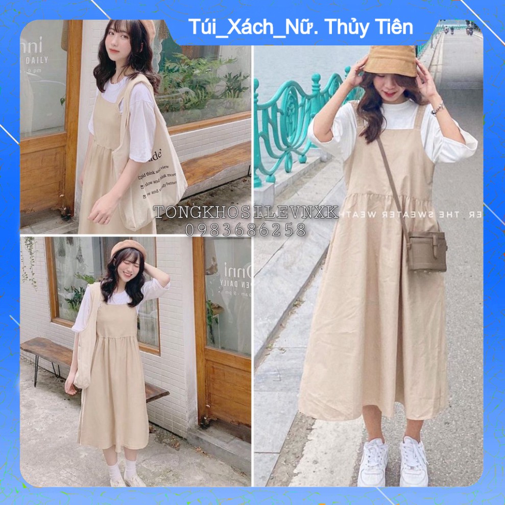 (Giá Gốc) (mới) SET VÁY YẾM KAKI BE + ÁO THUN TRẮNG - BỘ ĐẦM 2 DÂY BẢN TO MÀU BE DÁNG DÀI ULZZANG -👗TTshop👑