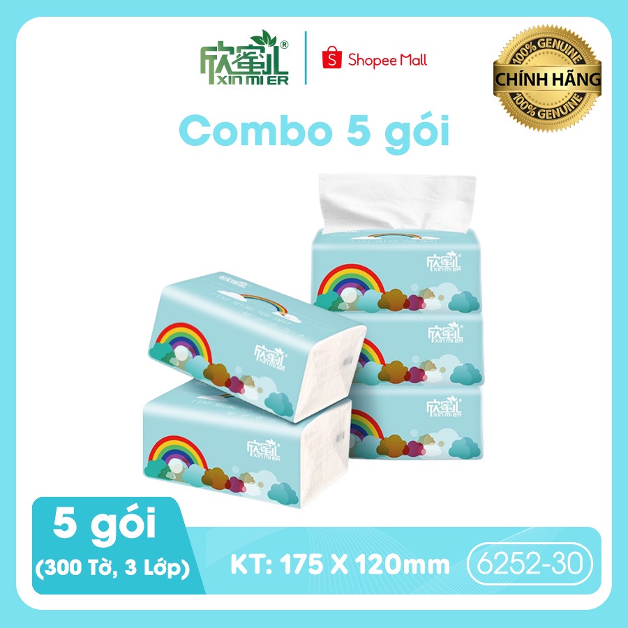 Giấy ăn cầu vồng Xinmier combo 5 gói mã 6252-30 hàng chuẩn 300 tờ.