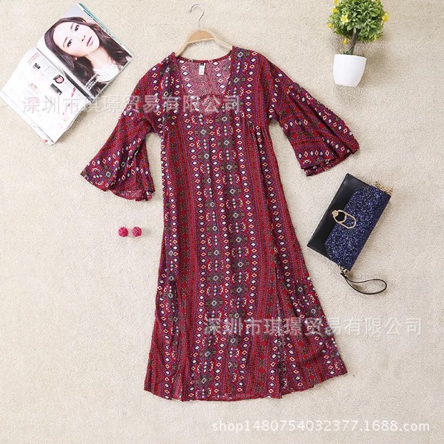 Váy Thổ Cẩm Tay Lửng Họa Tiết Dáng Dài Xẻ Tà Cổ V Kèm Đai V00140 | BigBuy360 - bigbuy360.vn